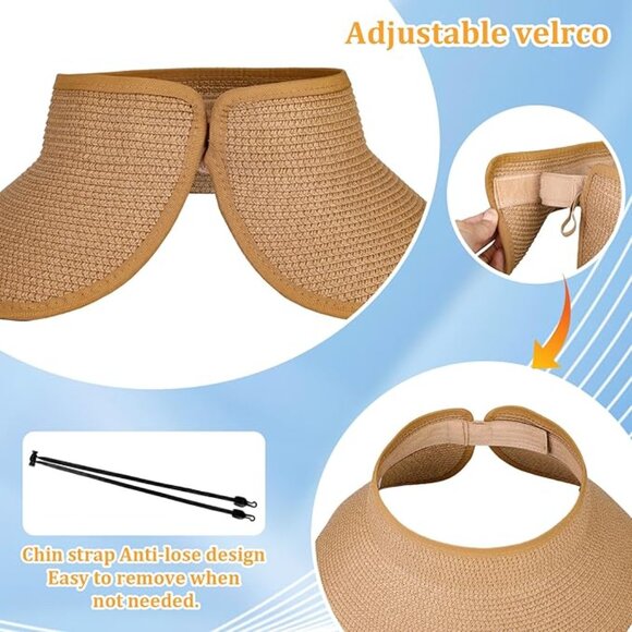 Sun Visor Hats for Women, Summer Packable Straw Beach Hat UV Protection